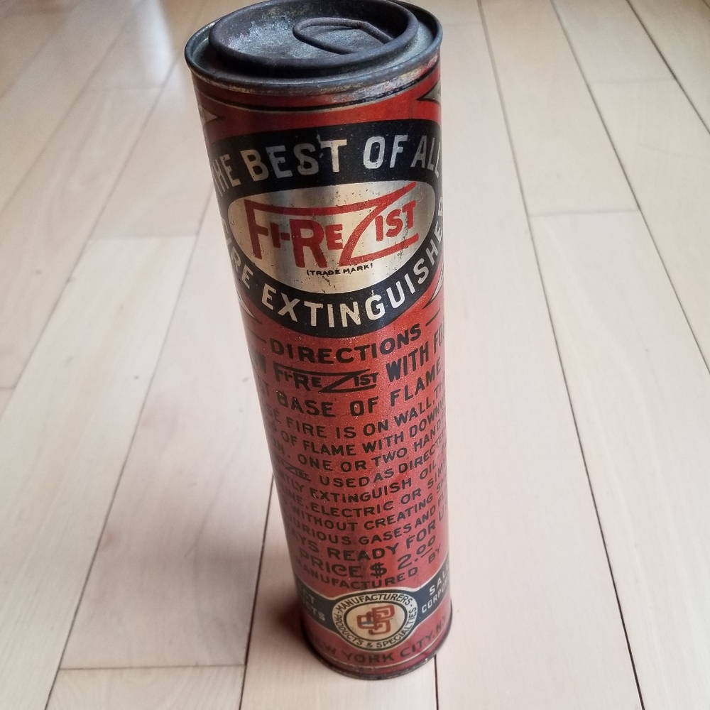 Vintage FireZist Tin Tube Fire Extinguisher New York City NY EMPTY 10" Fi-Rezist
